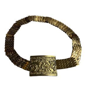Vintage Fish Scale Gold Tone Metal Belt Gold Floral Buckle Stretch Women's‎ OS